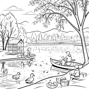 Idyllische Seenlandschaft mit fröhlichen Enten Ausmalmotiv für kleine Naturerkunder