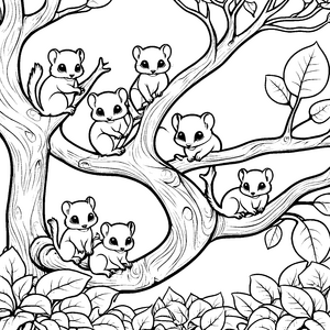 Verspielte Flughörnchen Babys auf einem Baum Ausmalbild für kleine Naturfreunde