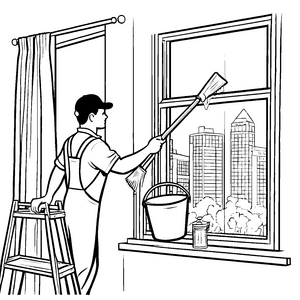 Fensterputzer bei strahlendem Sonnenschein Ausmalbild für flinke Saubermacher