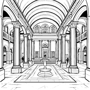Majestätisches Universitätshauptgebäude mit elegantem Brunnen Ausmalmotiv für wissbegierige Entdecker