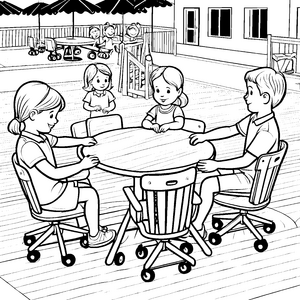 Kreatives Spielen am runden Tisch mit bunten Drehstühlen Ausmalbild für neugierige Köpfe