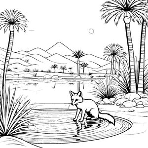 Fuchs am glitzernden Wasser in der exotischen Oase Ausmalbild für neugierige Entdecker