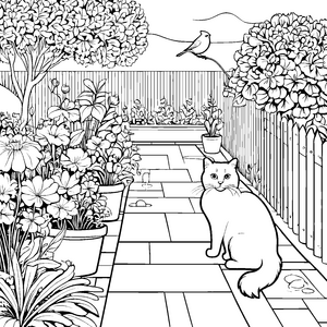 Kuschelige Britisch Kurzhaar Katze im blühenden Garten Ausmalvorlage für fantasievolle Künstler