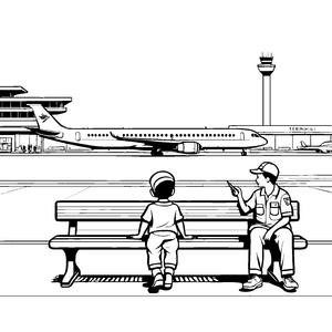 Spannender Flughafen mit fliegenden Abenteuern Malvorlage für junge Weltenbummler