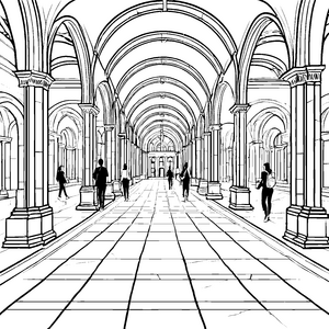 Majestätische Universitätsgänge mit lebendigem Treiben Ausmalbild für wissbegierige Entdecker