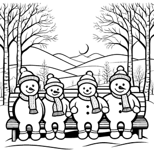 Schneemänner auf gemütlicher Parkbank Ausmalbild für fröhliche Winterfreunde