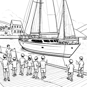 Faszinierende Yacht im Hafen mit anglernden Freunden Ausmalbild für kreative Wasserliebhaber