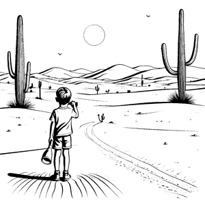 Kreativer Abenteurer im Kakteenland Ausmalbild für entdeckungsfreudige Kinder