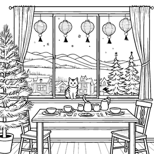 Fascinierende Weihnachtskatze im festlichen Fenster Ausmalbild für neugierige Tierliebhaber