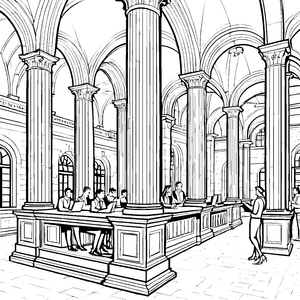Elegante Universitätsbibliothek mit hohen Säulen Malvorlage für wissbegierige Lernfreunde