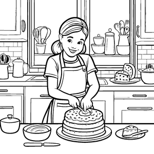 Kreative Küchengestalterin backt verführerischen Obstkuchen Ausmalbild für kleine Meisterbäcker