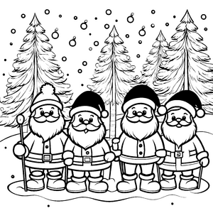 Fröhliche Weihnachtsmänner im verschneiten Winterwald Ausmalmotiv für kleine Festtagsfreunde
