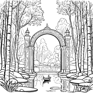 Magisches Portal in der geheimnisvollen Waldlandschaft Ausmalbild für abenteuerlustige Entdecker
