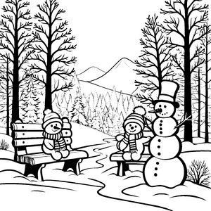 Freundliche Schneemänner auf der Parkbank Ausmalvorlage für fröhliche Winterkinder