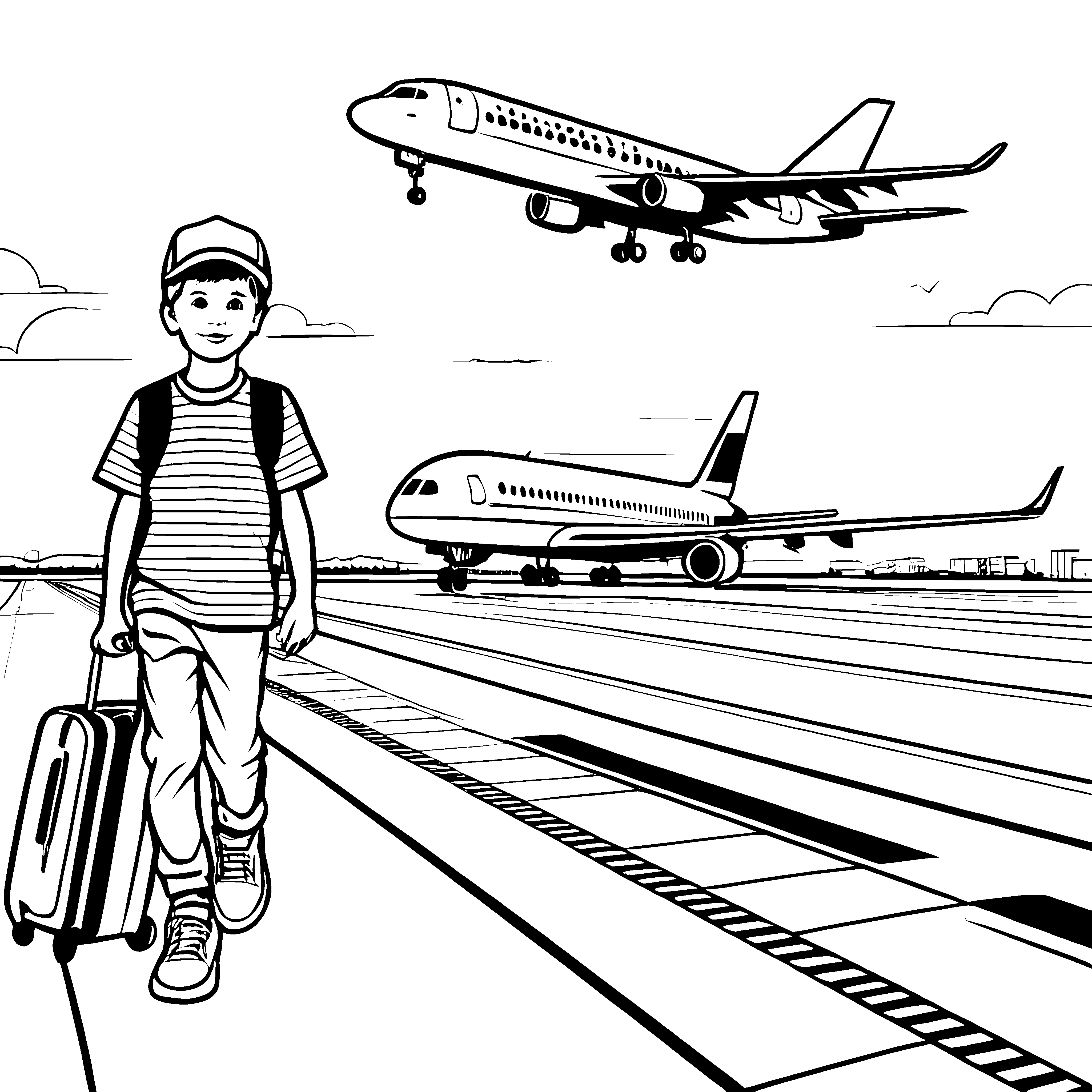Abenteuerlicher Junge mit Koffer am Flughafen Malvorlage für reiselustige Kinder