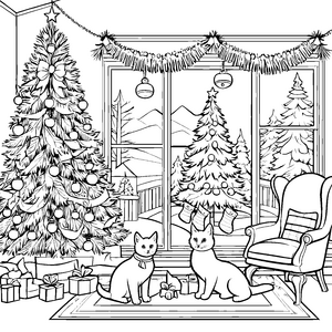 Zauberhafte Katzen unter dem festlichen Weihnachtsbaum Ausmalvorlage für kleine Weihnachtsfreunde
