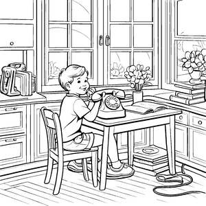 Kreatives Festnetztelefon im gemütlichen Kinderzimmer Ausmalbild für kommunikative Entdecker