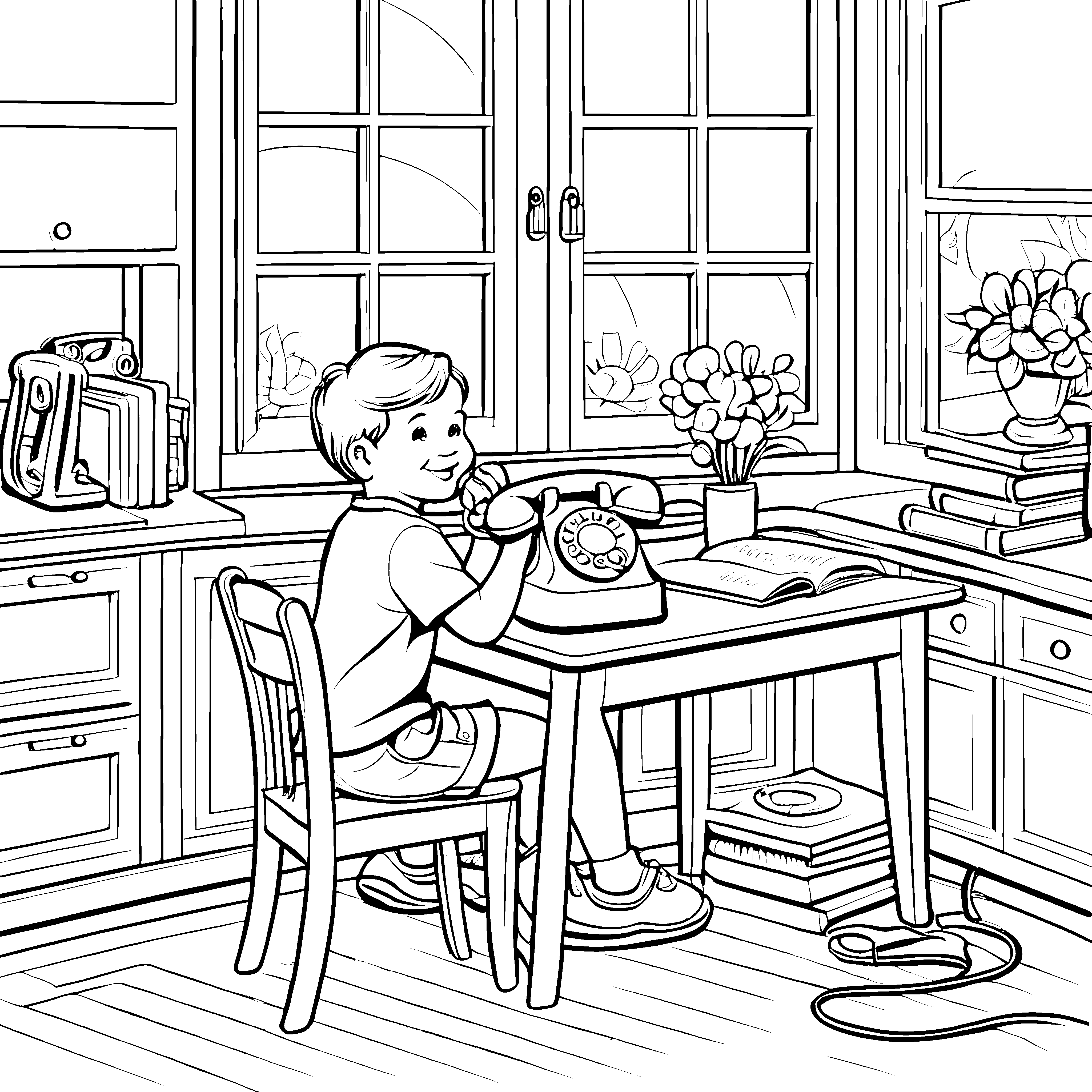 Kreatives Festnetztelefon im gemütlichen Kinderzimmer Ausmalbild für kommunikative Entdecker