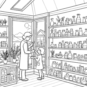 Begeisternde Apotheke voller Heilkräuter Ausmalbild für neugierige kleine Wissenschaftler