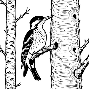 Schöner Specht auf schimmerndem Baum Ausmalvorlage für neugierige Naturentdecker