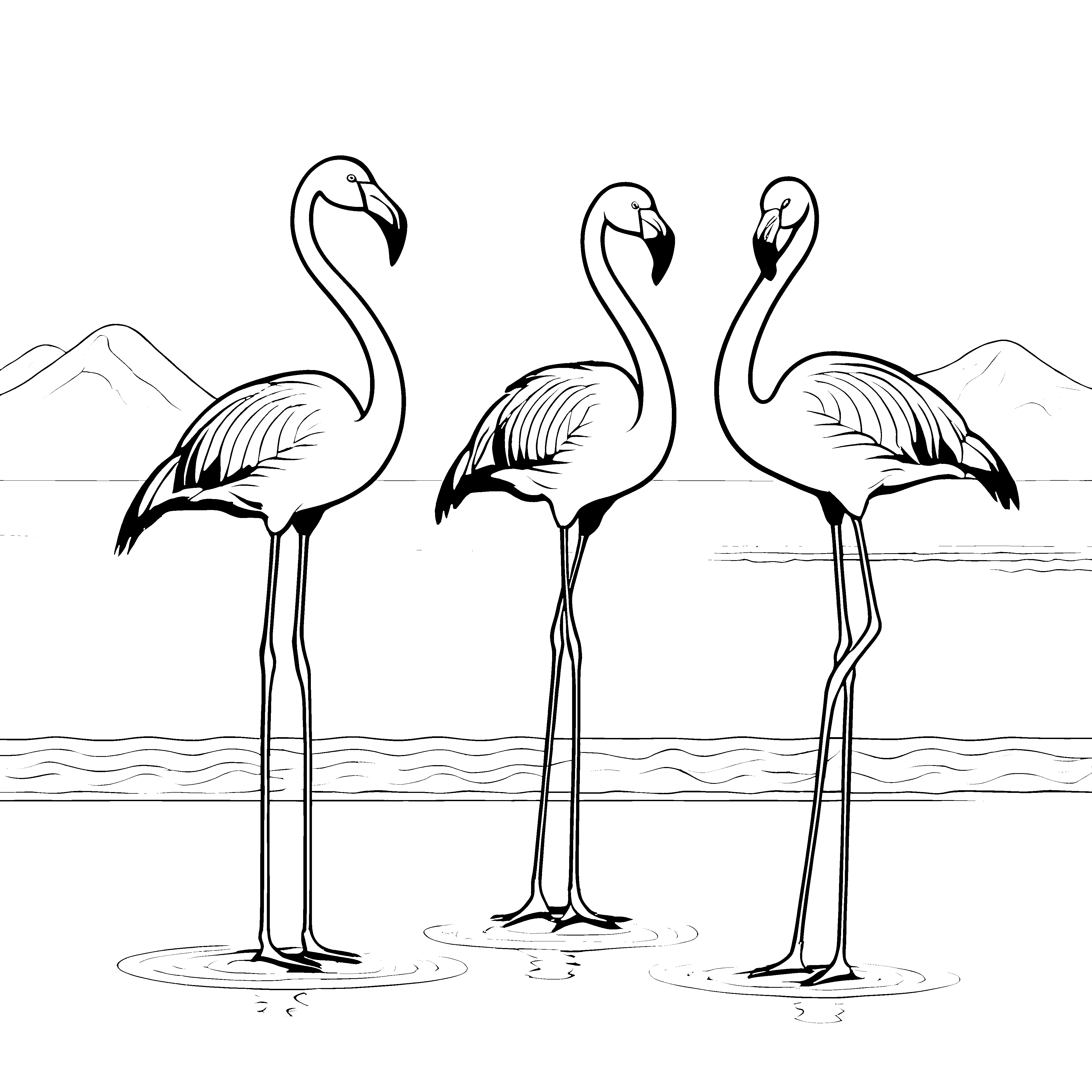 Drei elegante Flamingos am sonnigen Wasser Malvorlage für kreative Wasserratten