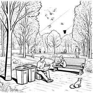 Funky Mülltonnen im lebhaften Stadtpark Ausmalbild für umweltbewusste Künstler