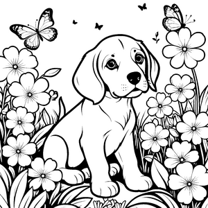 Hübscher Beagle unter bunten Blumen Ausmalvorlage für kreative Tierliebhaber