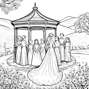 Elegantes Hochzeitskleid im Gartenpavillon Ausmalbild für kleine Traumbrautmoden