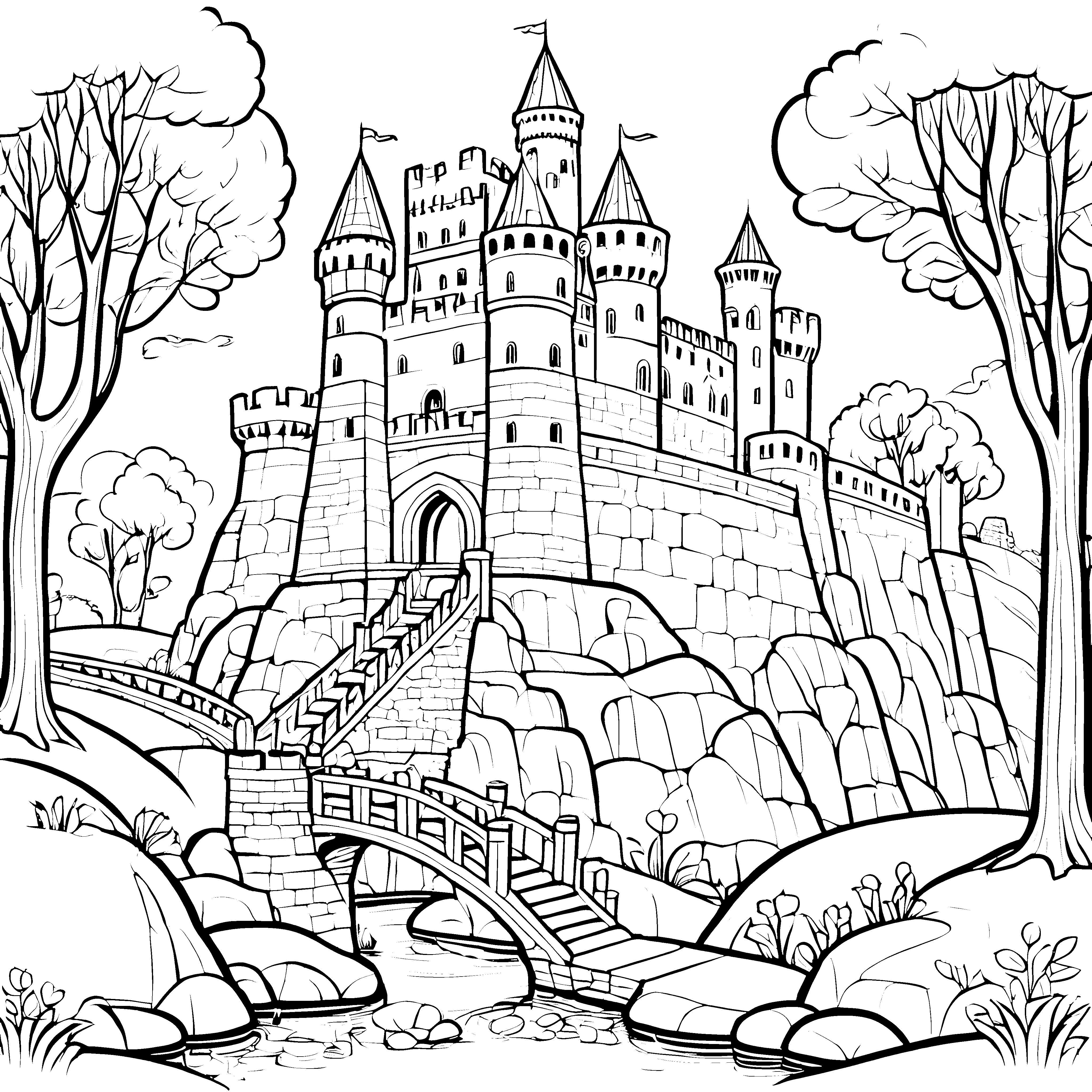 Majestätische Burg mit steiniger Brücke Ausmalbild für mutige Entdecker