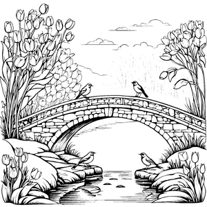 Zwei fröhliche Vögel auf bunter Brücke Ausmalvorlage für entdeckungsfreudige Künstler