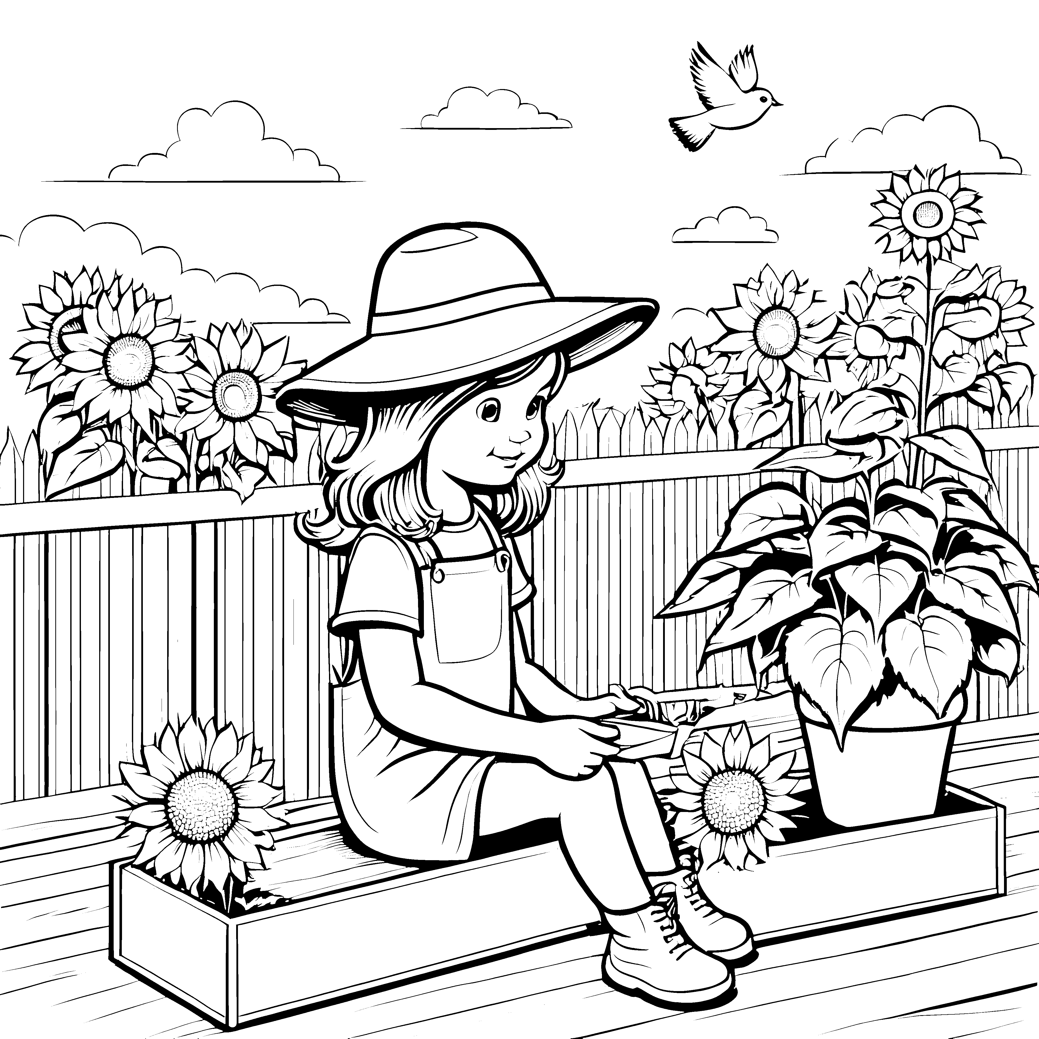 Blumige Gartenmomente mit fröhlichem Mädchen Ausmalvorlage für kleine Naturentdecker