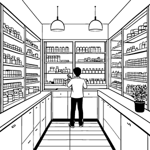 Apotheker in der bunten Medikamentenwelt Ausmalvorlage für neugierige Entdecker