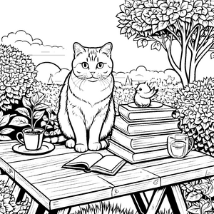 Charmante Britisch Kurzhaar Katze auf sonniger Gartenbank Ausmalbild für neugierige Tierliebhaber