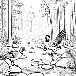 Faszinierende Fasane am glitzernden Wasser Ausmalbild für neugierige Naturfreunde