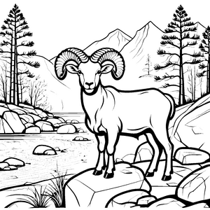 Majestätischer Widder am felsigen Flussufer Ausmalbild für kleine Naturfreunde