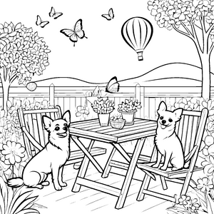 Zwei neugierige Chihuahuas im blühenden Garten Ausmalvorlage für kleine Naturfreunde