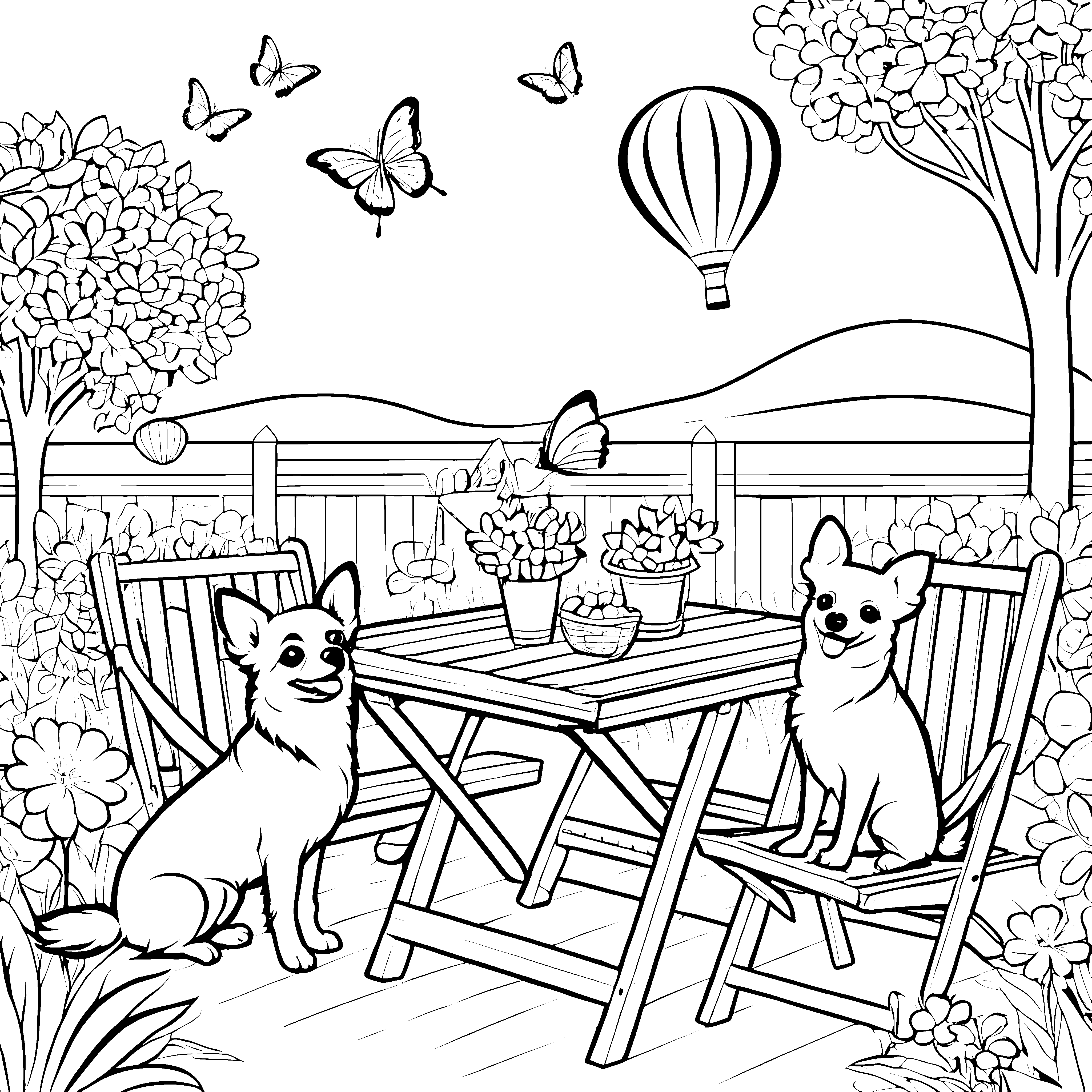Zwei neugierige Chihuahuas im blühenden Garten Ausmalvorlage für kleine Naturfreunde