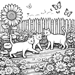 Verspielte Katzen erkunden blühenden Bauerngarten Ausmalvorlage für neugierige Entdecker