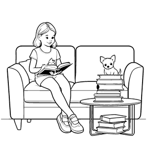 Fröhliches Mädchen mit Buch und schlafendem Chihuahua Ausmalbild für lesebegeisterte Kinder