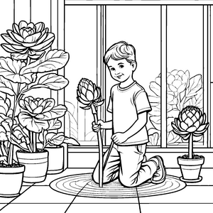 Fröhlicher Junge mit blühenden Artischocken Ausmalbild für kleine Gartenentdecker