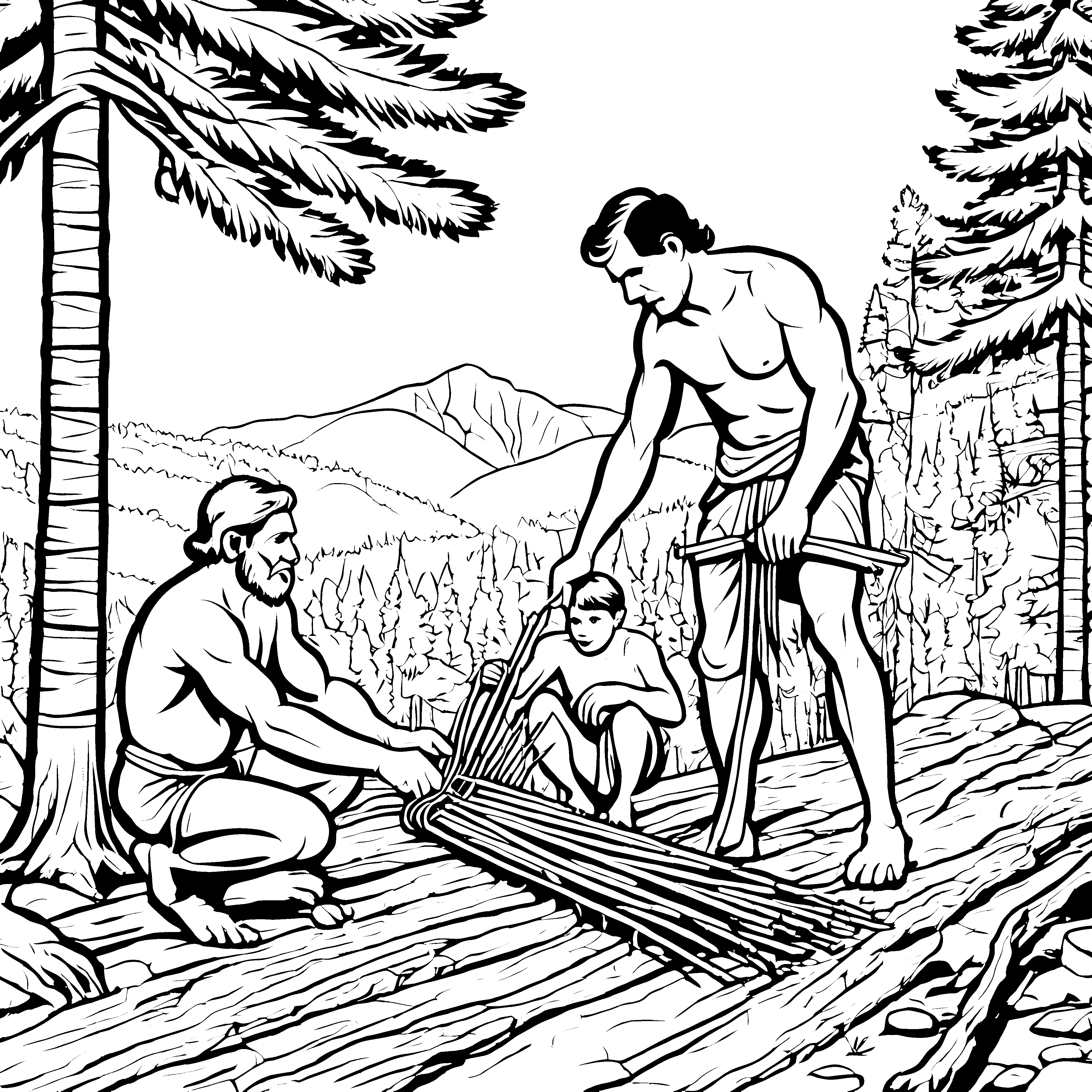 Neandertaler bei der Holzarbeit Ausmalmotiv für kleine Geschichtsentdecker