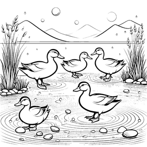 Verspielte Entenfamilie im spritzigen Wasser Ausmalmotiv für kleine Naturfreunde