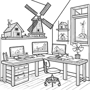 Moderne Monitore in kreativem Arbeitsumfeld Malvorlage für junge Entdecker