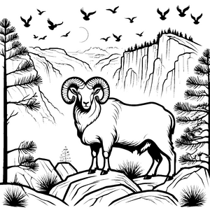 Majestätischer Widder auf steiler Klippe Ausmalvorlage für abenteuerlustige Tierfreunde