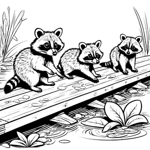 Drei neugierige Waschbär-Babys am Teich Ausmalvorlage für kleine Abenteuerlustige