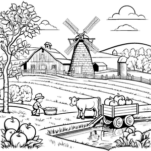 Bauernhof mit fröhlichem Kind und Kuh Ausmalbild für kleine Entdecker