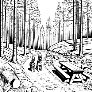Schäferhunde im abenteuerlichen Wald Ausmalvorlage für junge Tierentdecker