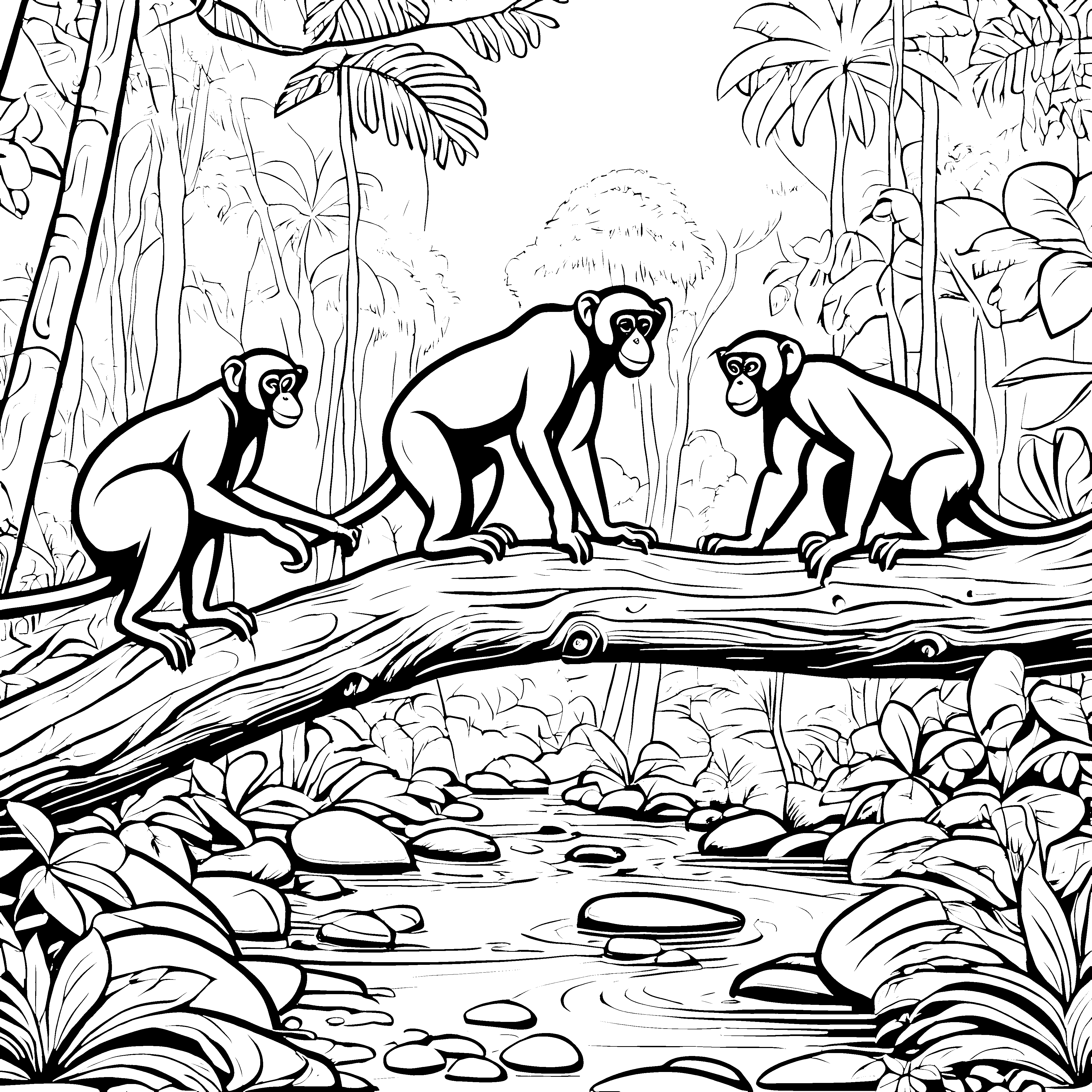 Verspielte Bonobos im Dschungel-Abenteuer Ausmalvorlage für neugierige Tierliebhaber