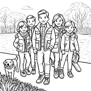 Trendige Herrenjackets mit fröhlicher Kindergruppe Ausmalvorlage für modische Entdecker
