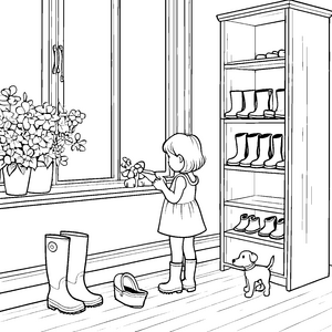 Bunter Schuhschrank mit fröhlichen Gummistiefeln Ausmalvorlage für kleine Gartenfreunde
